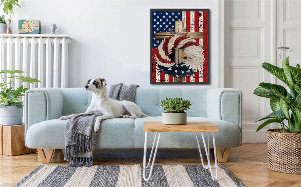 Diamond painting of an eagle, cross, and American flag displayed in a living room