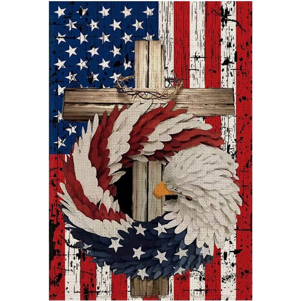 Diamond painting canvas featuring an eagle wreath with American flag background and a wooden cross with a crown of thorns.