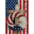 Diamond painting canvas featuring an eagle wreath with American flag background and a wooden cross with a crown of thorns.