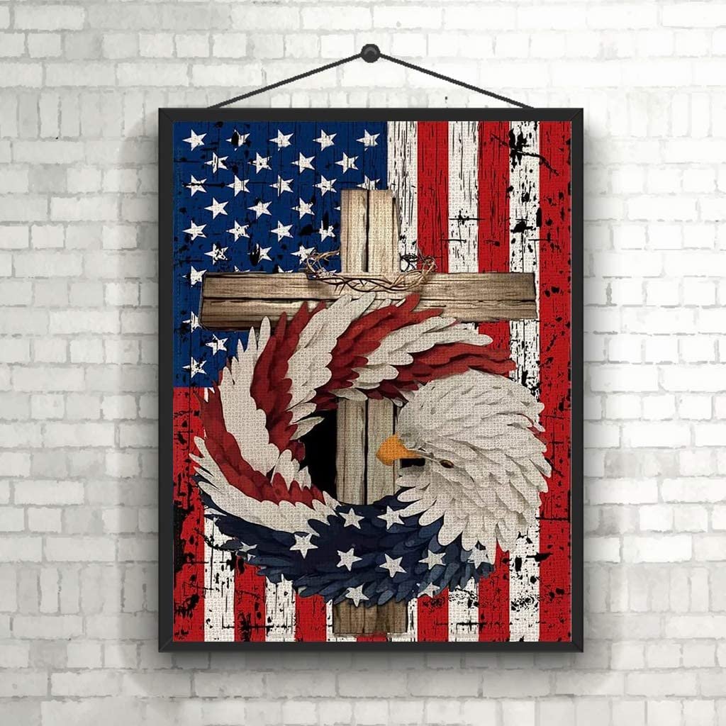 Diamond painting kit featuring an eagle wreath with American flag background and a wooden cross with crown of thorns.