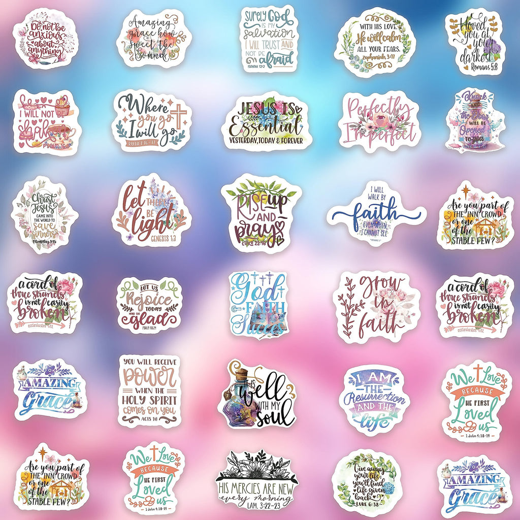 Collage of 30 inspirational Christian stickers with Bible verses and floral designs on a gradient background.