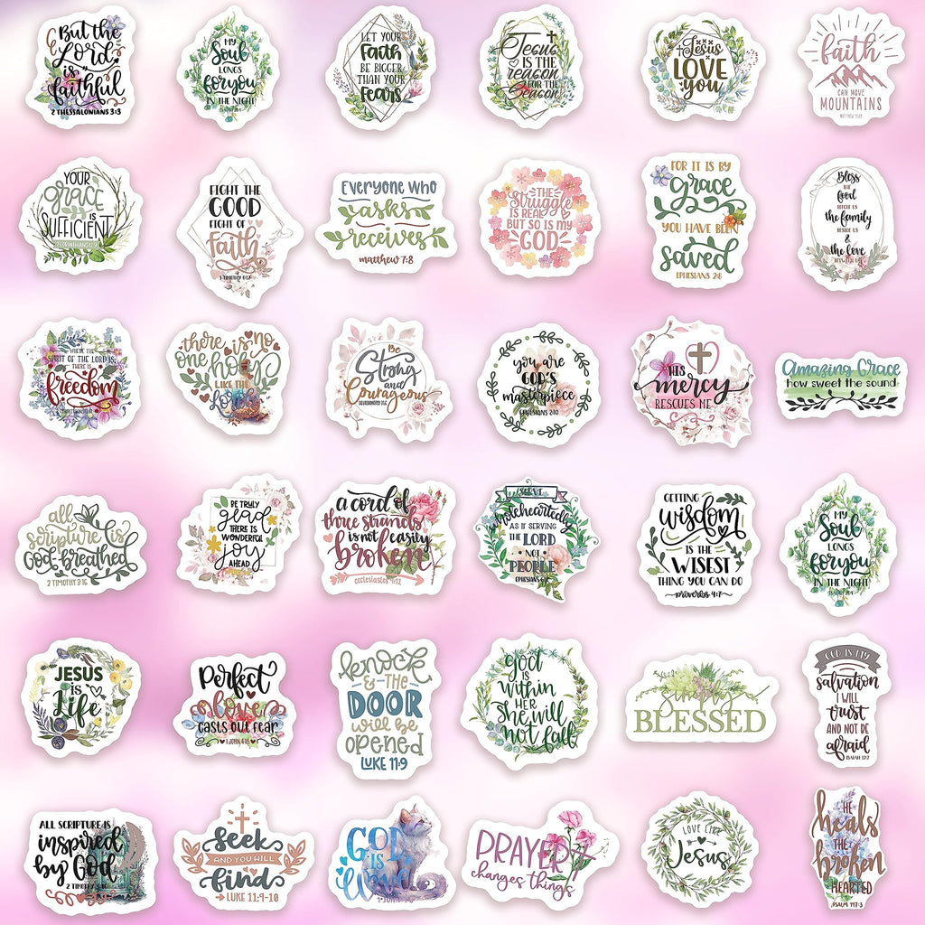 Collection of 300 Christian inspirational stickers with Bible verses and floral designs, arranged in a grid on a pink background.