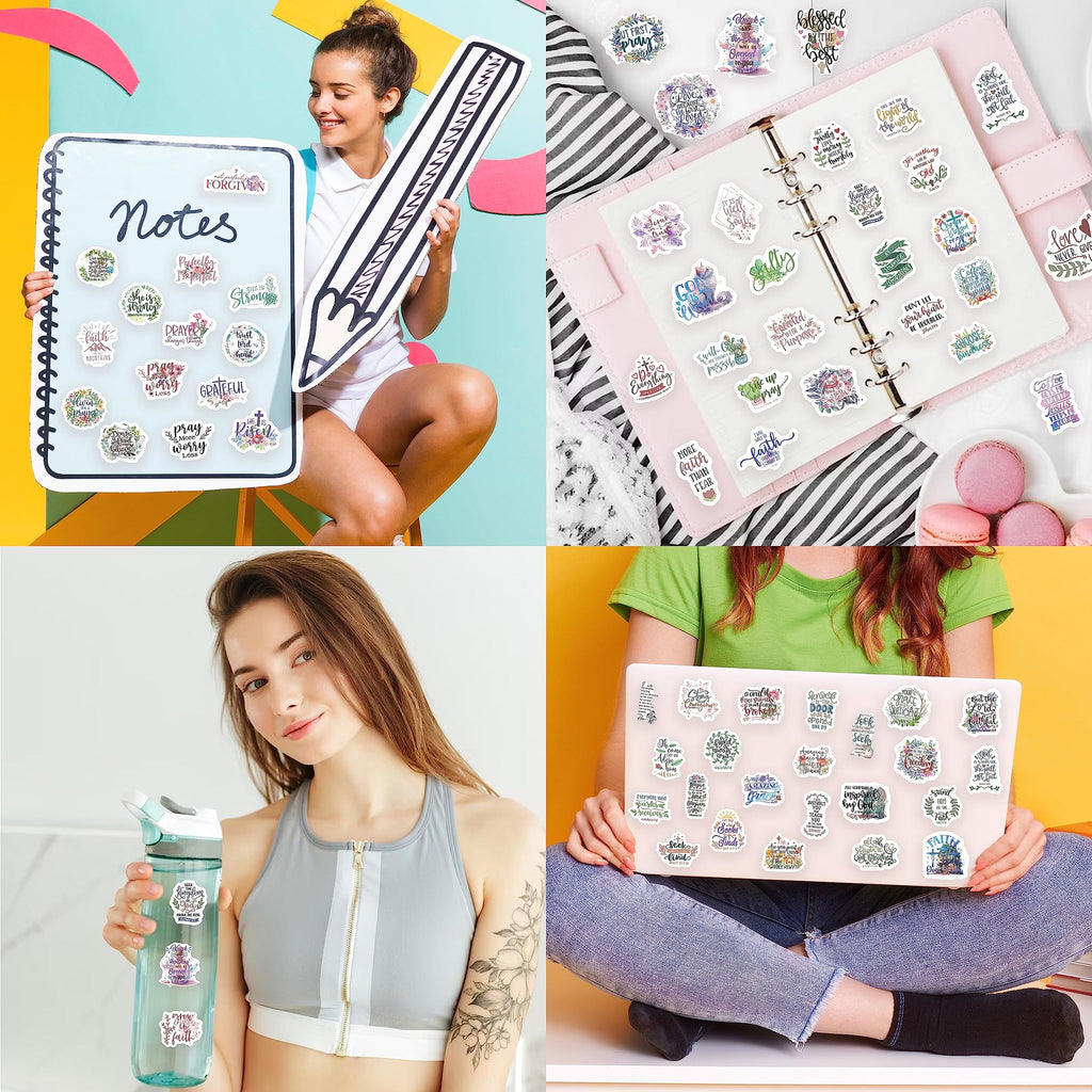 Collage of lifestyle images showing inspirational Christian stickers being used on a notebook, planner, water bottle, and laptop.