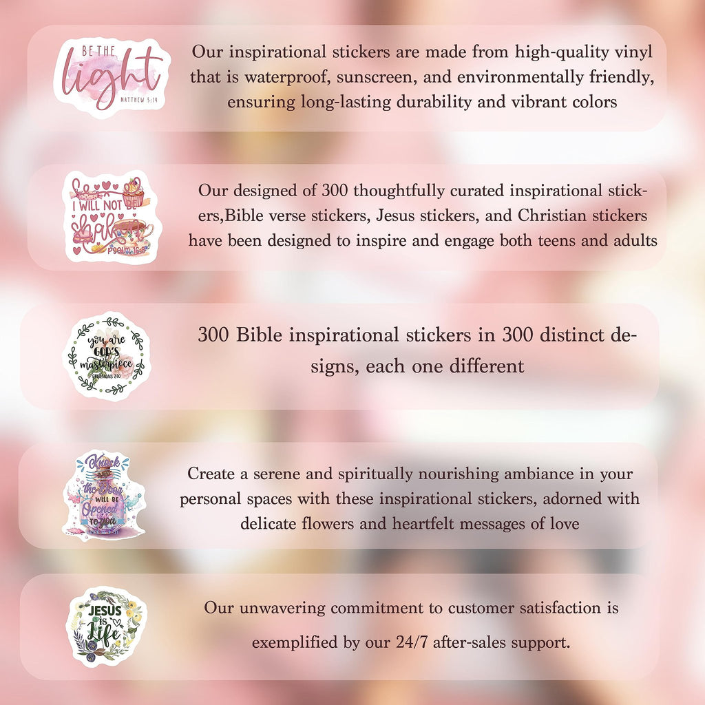 Collage of inspirational Christian stickers with Bible verses and floral designs, each with descriptive text.