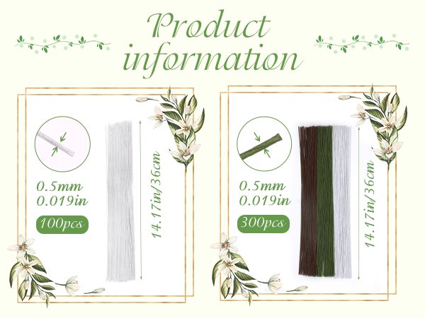 Two displays of floral wire sticks, one showing 100 white sticks and the other showing 300 sticks in brown, green, and white, all 14 inches long and 0.5mm thick.