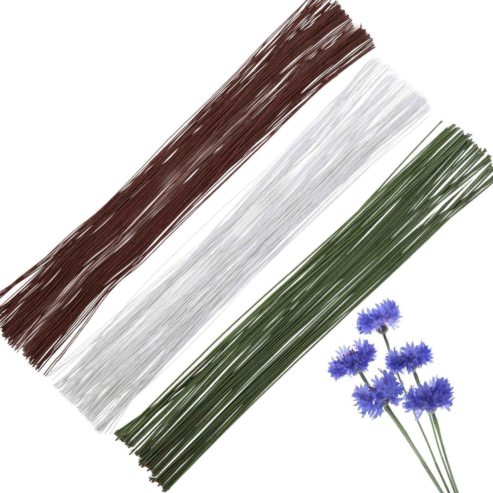 Three bundles of floral wire in brown, white, and green, with a small cluster of blue cornflowers on the right.