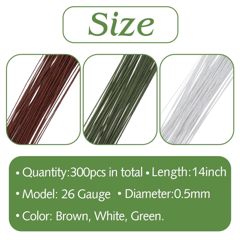 Three bundles of floral wire in brown, green, and white, with size and color details below.