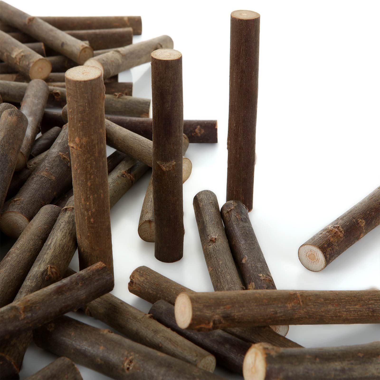 Pile of natural birch wood log sticks for crafts, close-up view showing texture and cut ends.