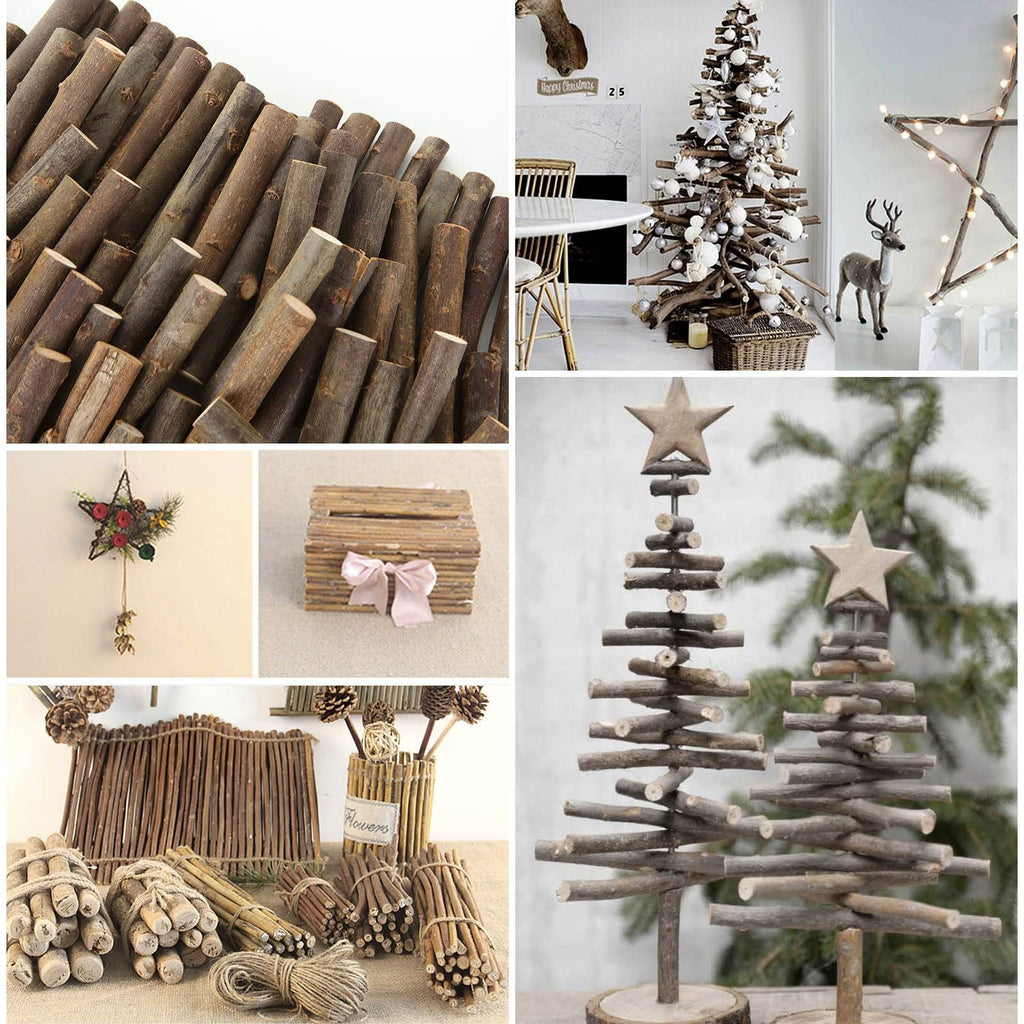 Collage of natural birch wood log sticks used in various craft projects, including a fence, Christmas trees, and decorative items.