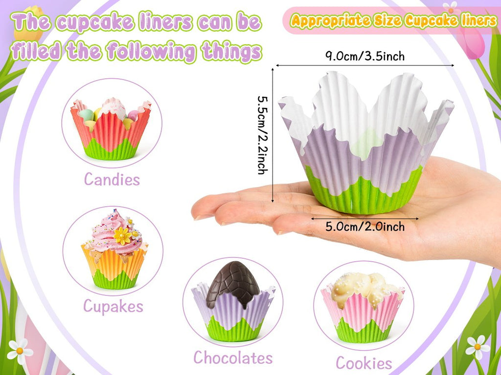 Flower-shaped cupcake liners shown in a hand with dimensions and examples of fillings like candies, cupcakes, chocolates, and cookies.