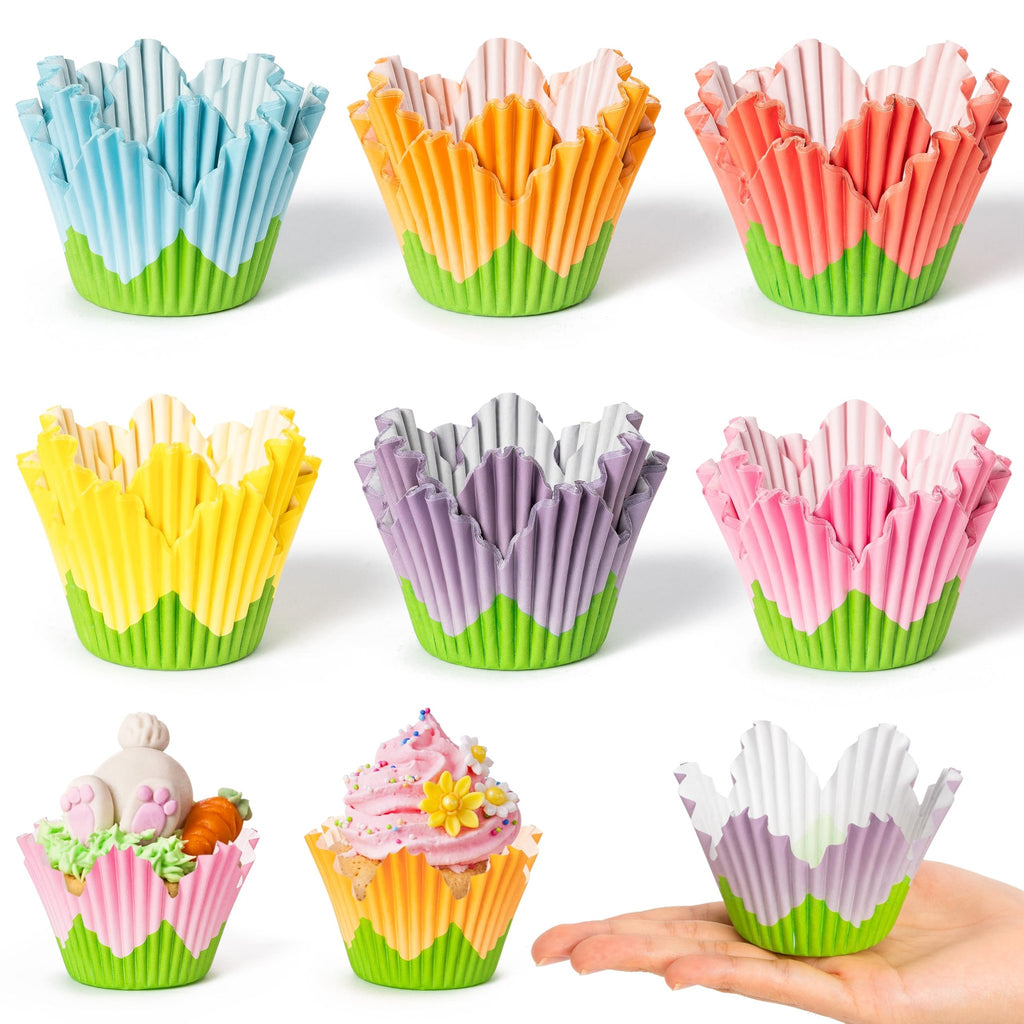 Collage of flower-shaped cupcake liners in various colors, including a decorated cupcake and a hand holding a liner.
