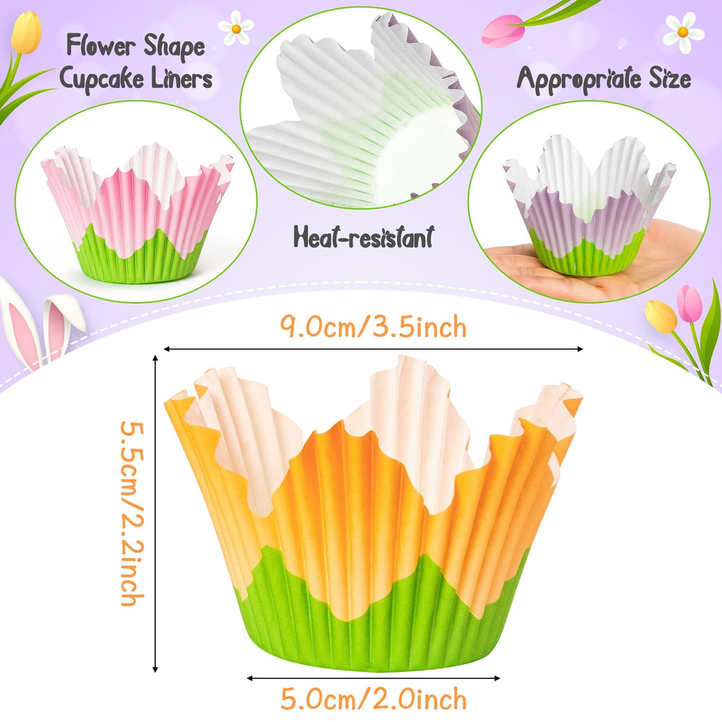 Flower-shaped cupcake liners shown from multiple angles with dimensions and feature callouts.