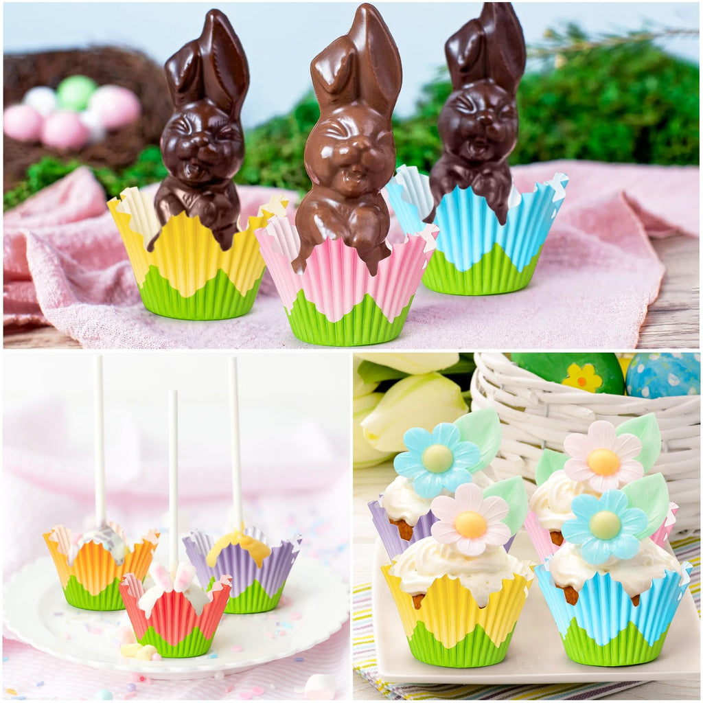 Collage of Easter-themed baked goods in colorful cupcake liners: chocolate bunnies, cake pops, and decorated cupcakes.