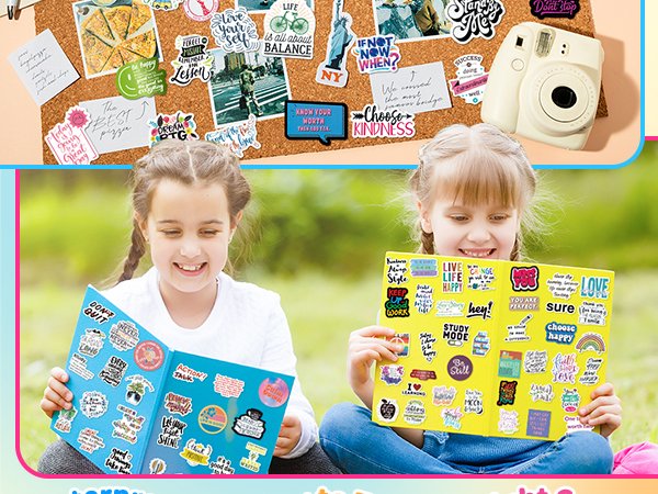Two girls sitting on grass reading books covered in inspirational quote stickers. A corkboard with stickers and a camera is above them.