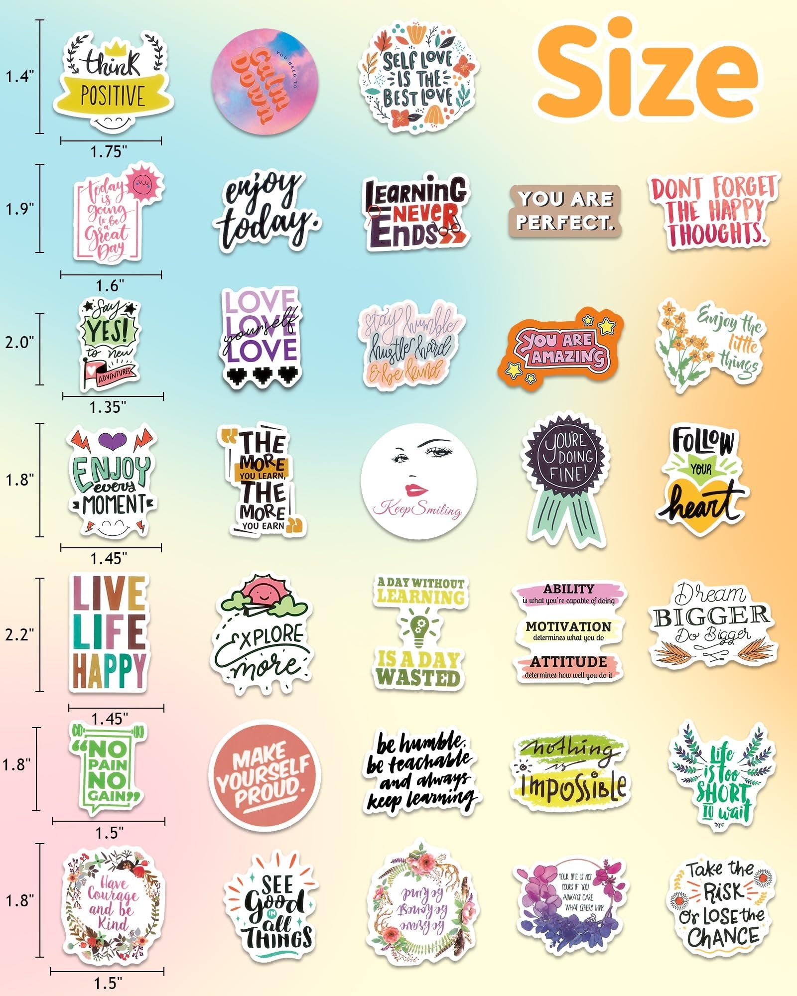 Collage of inspirational quote stickers with dimensions shown on a gradient background. Stickers feature positive affirmations and motivational phrases.