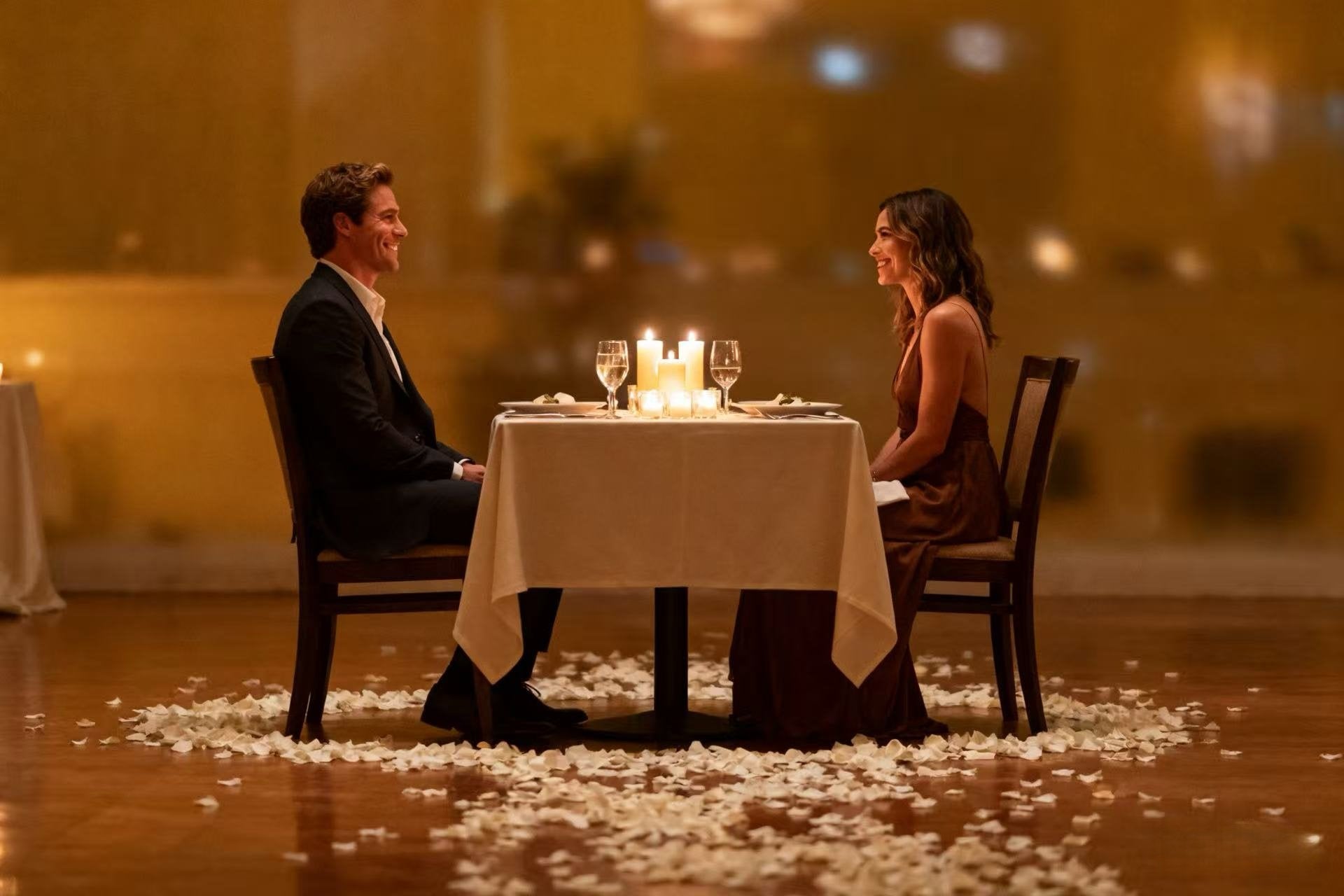 Couple enjoying a romantic dinner with ivory rose petals scattered on the floor and table.