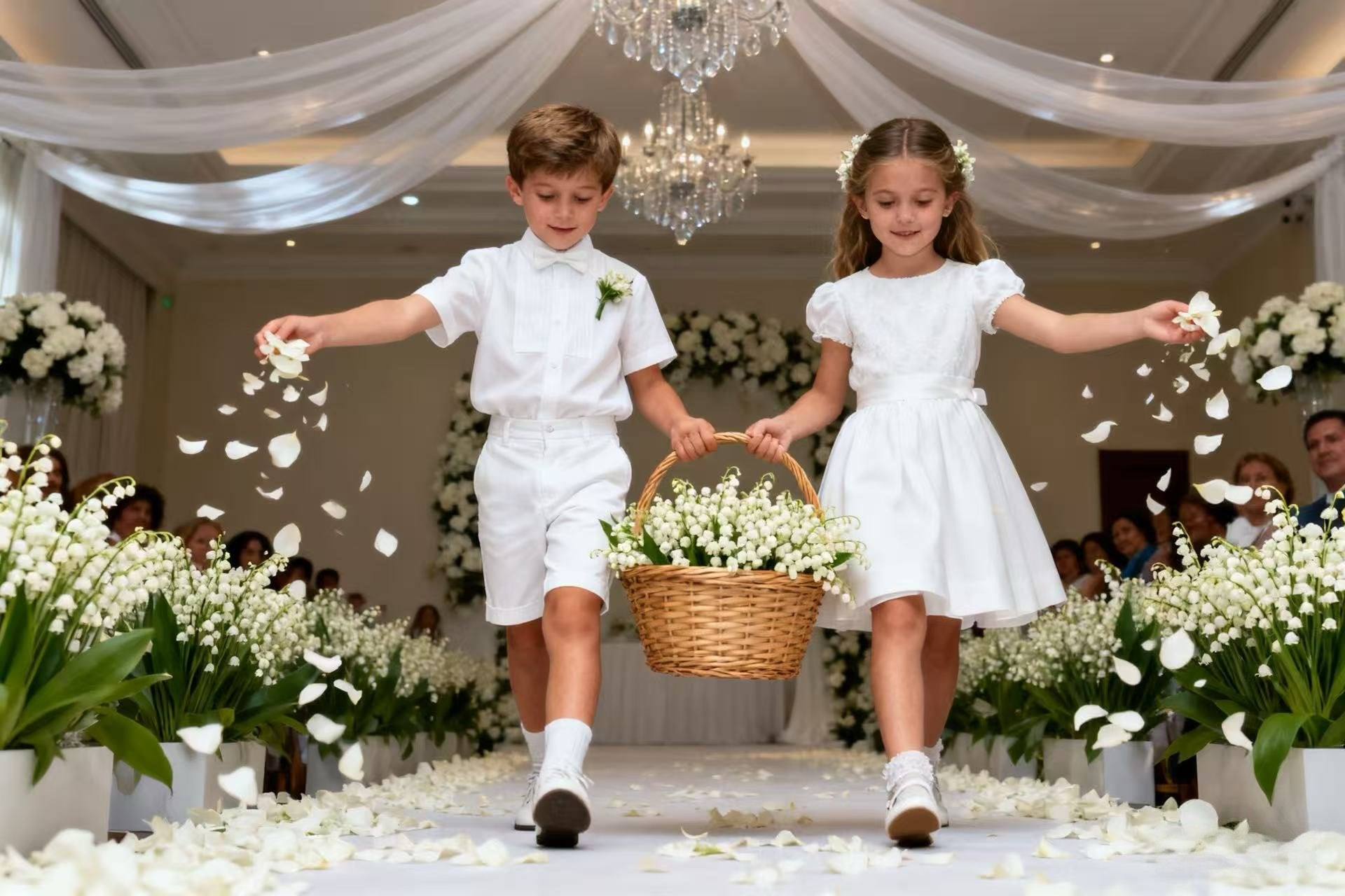 Children in white attire walking down a wedding aisle, scattering white flower petals.