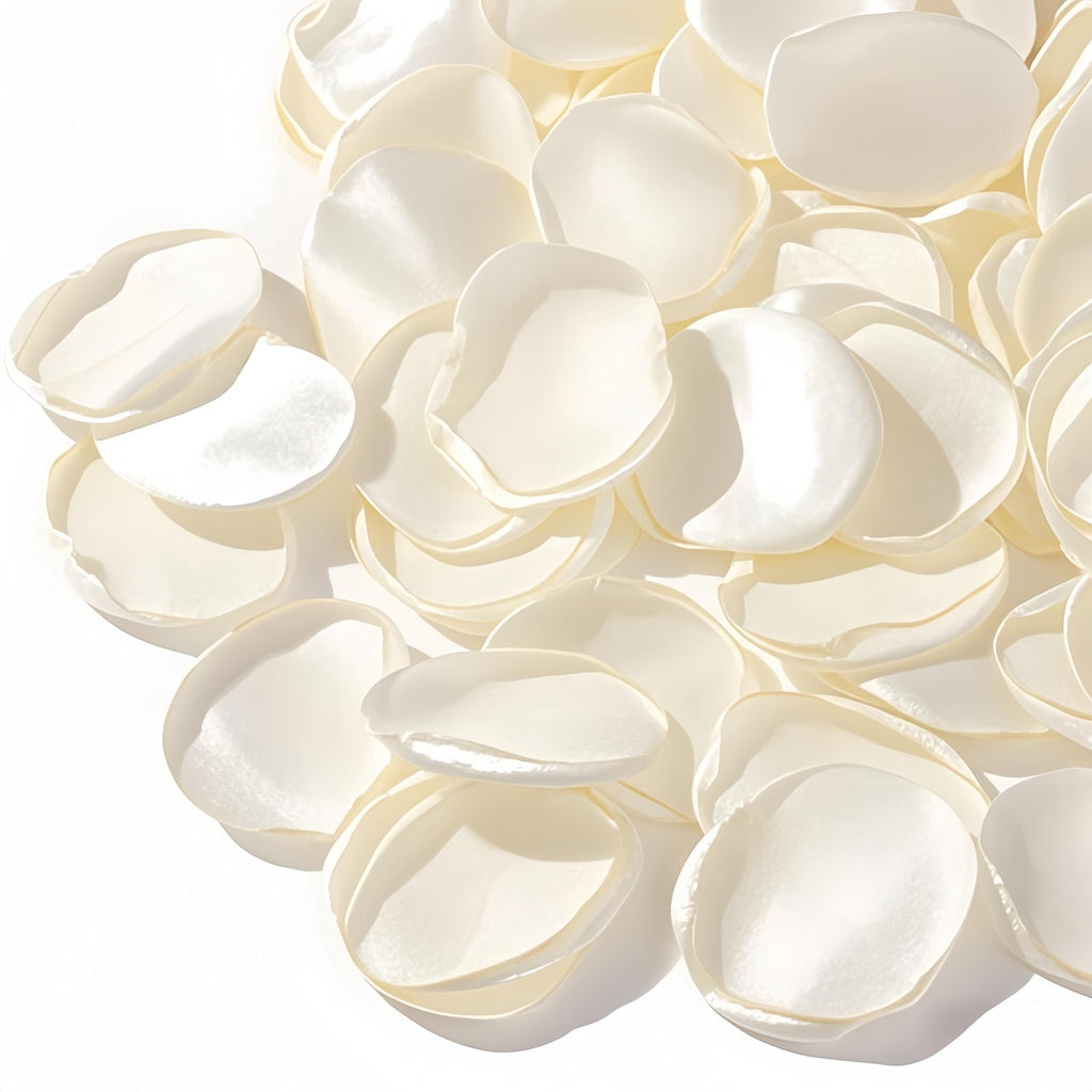 Pile of ivory silk rose petals scattered on a white background, close-up view.