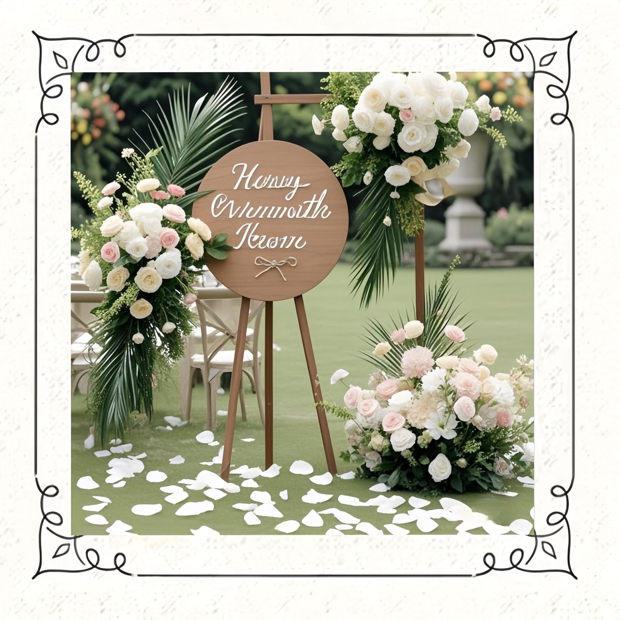 Wedding ceremony setup with floral arrangements, a wooden sign, and scattered white petals on green grass.