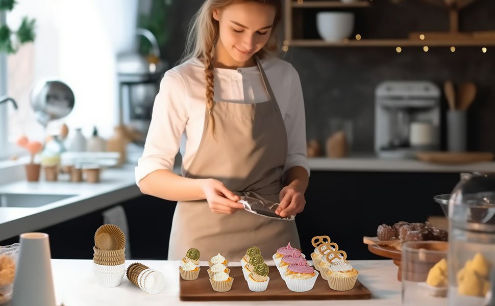 Woman in apron preparing cupcakes with liners in a kitchen setting