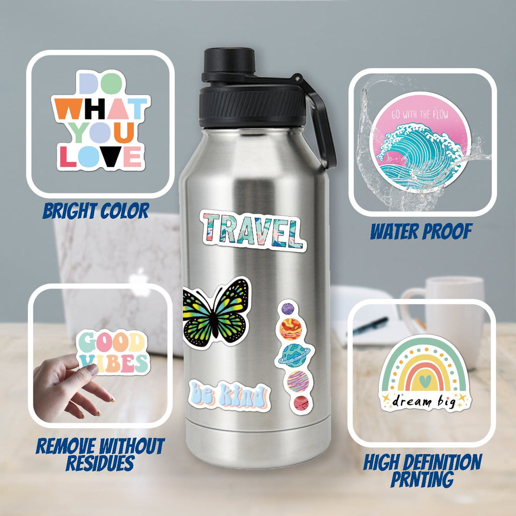 Collage of holographic affirmation stickers applied to a water bottle and shown in detail.