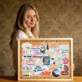 Woman holding a corkboard covered in holographic affirmation stickers with motivational quotes and designs.
