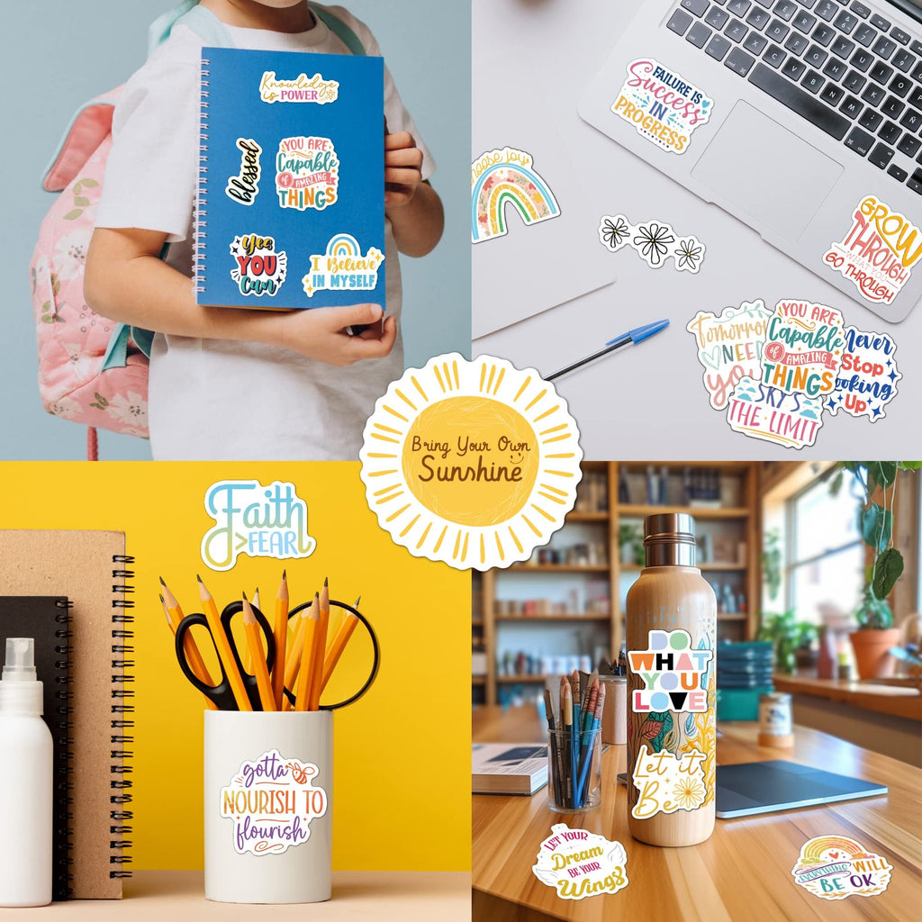 Collage of holographic affirmation stickers applied to various items like a notebook, laptop, water bottle, and in a pencil cup.