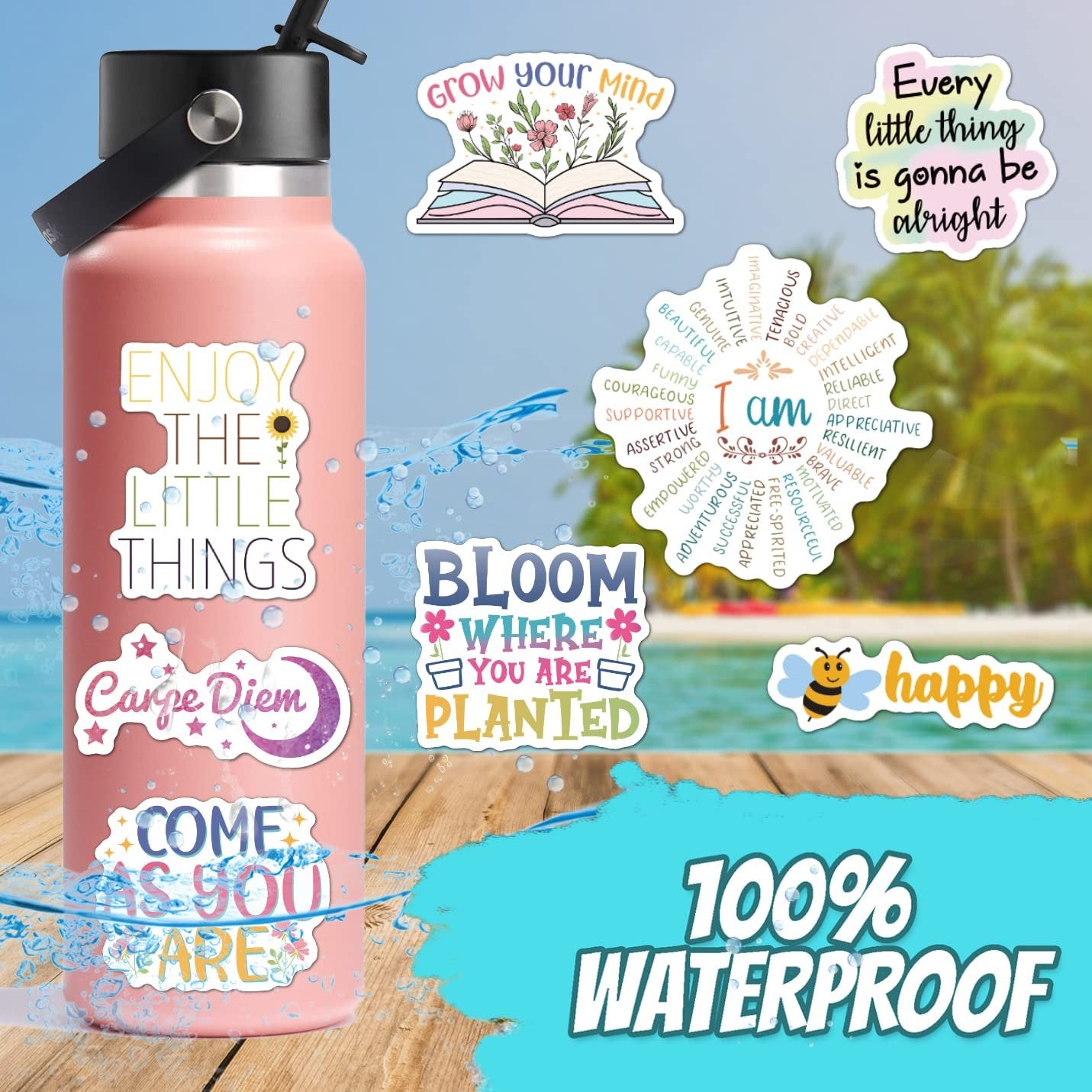 Pink water bottle with holographic affirmation stickers, including motivational quotes and designs, on a wooden surface with water splashes.