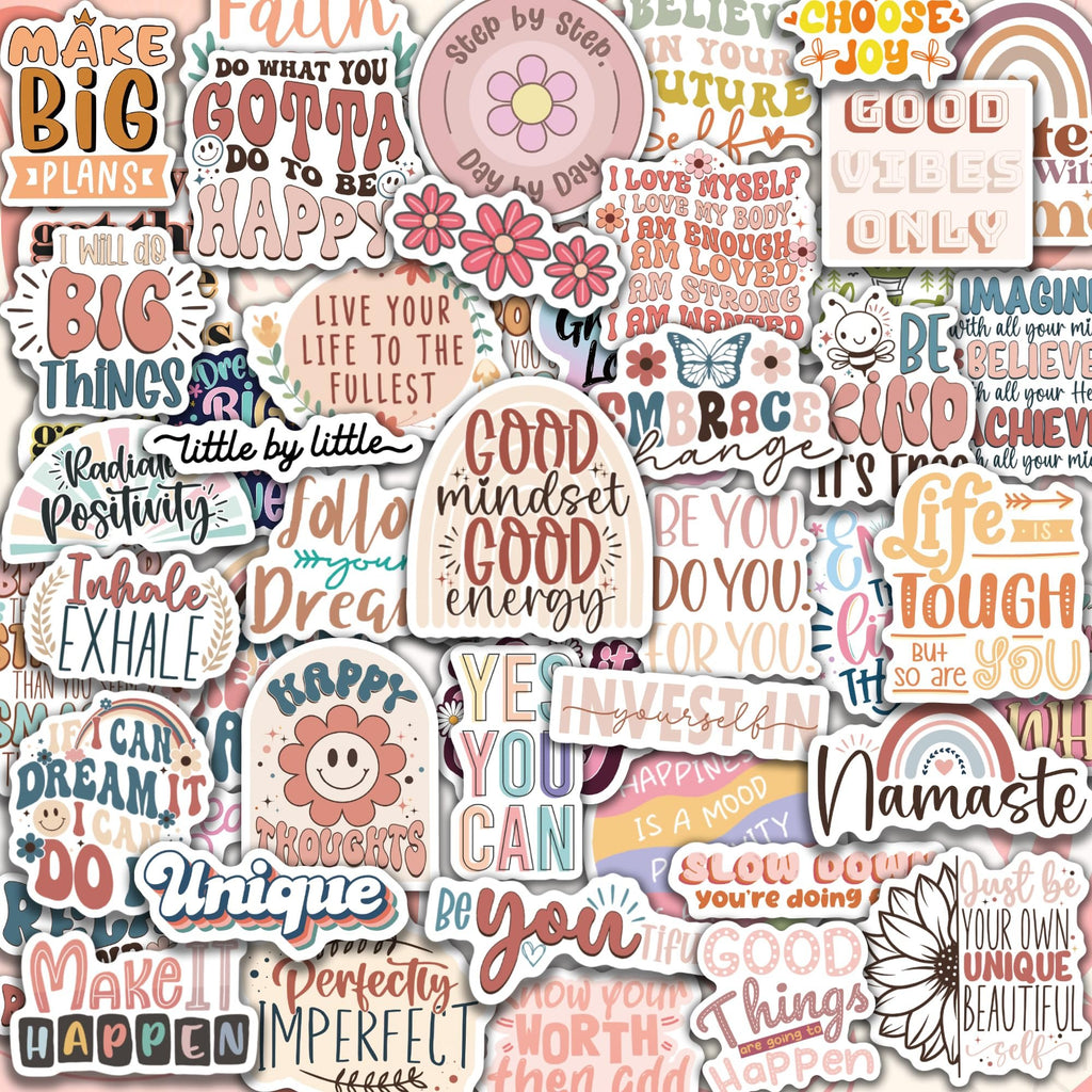 Collage of motivational vinyl stickers with inspirational quotes and boho designs.