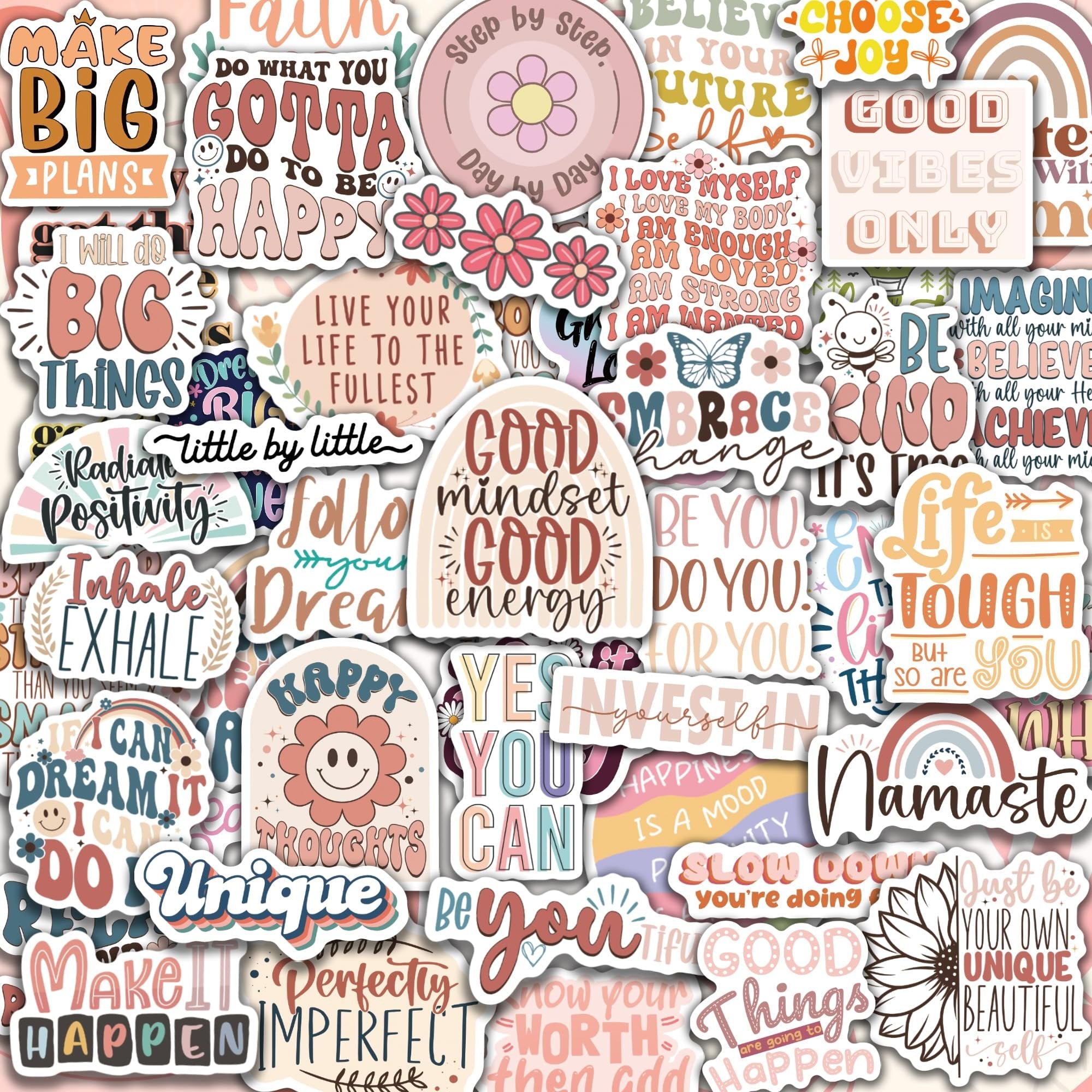 Collage of motivational vinyl stickers with inspirational quotes and boho designs.