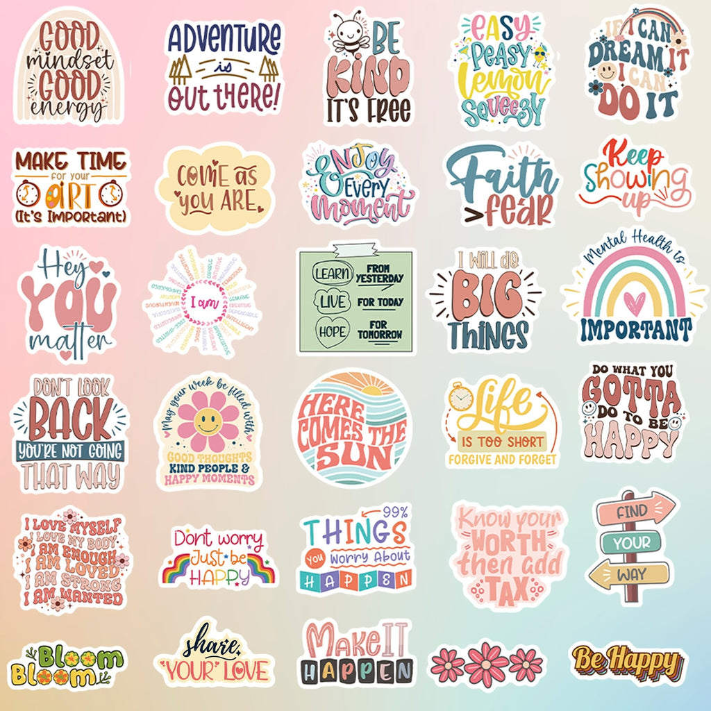 Collage of motivational vinyl stickers with inspirational quotes and boho designs.