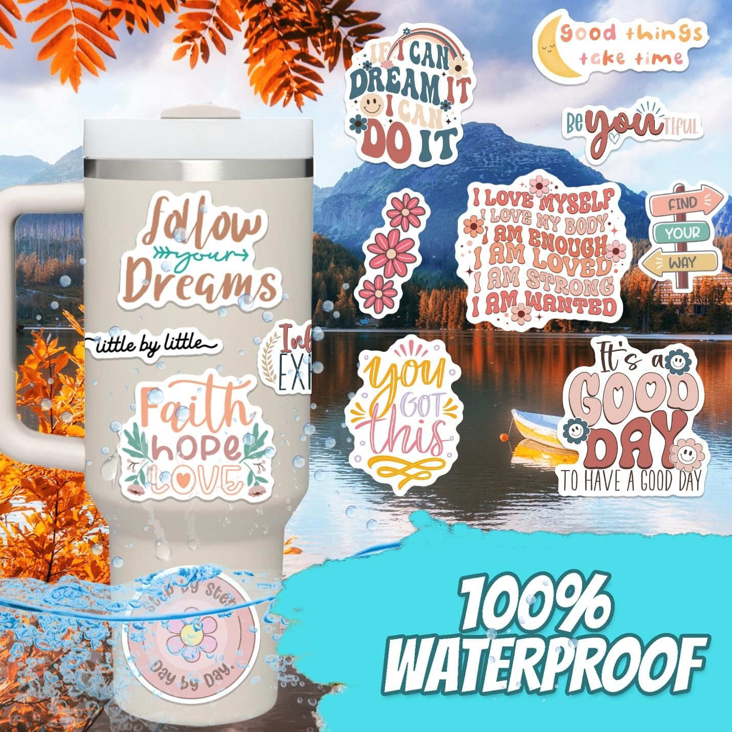 Motivational vinyl stickers on a tumbler and in a scenic background. Stickers feature inspirational quotes and boho designs.