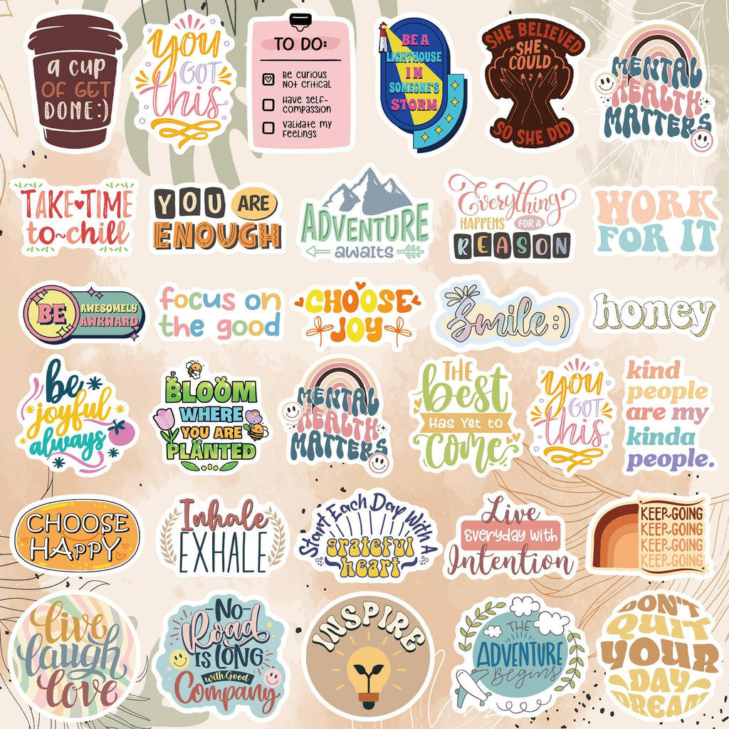 Collage of 30+ motivational vinyl stickers with inspirational quotes and boho designs.