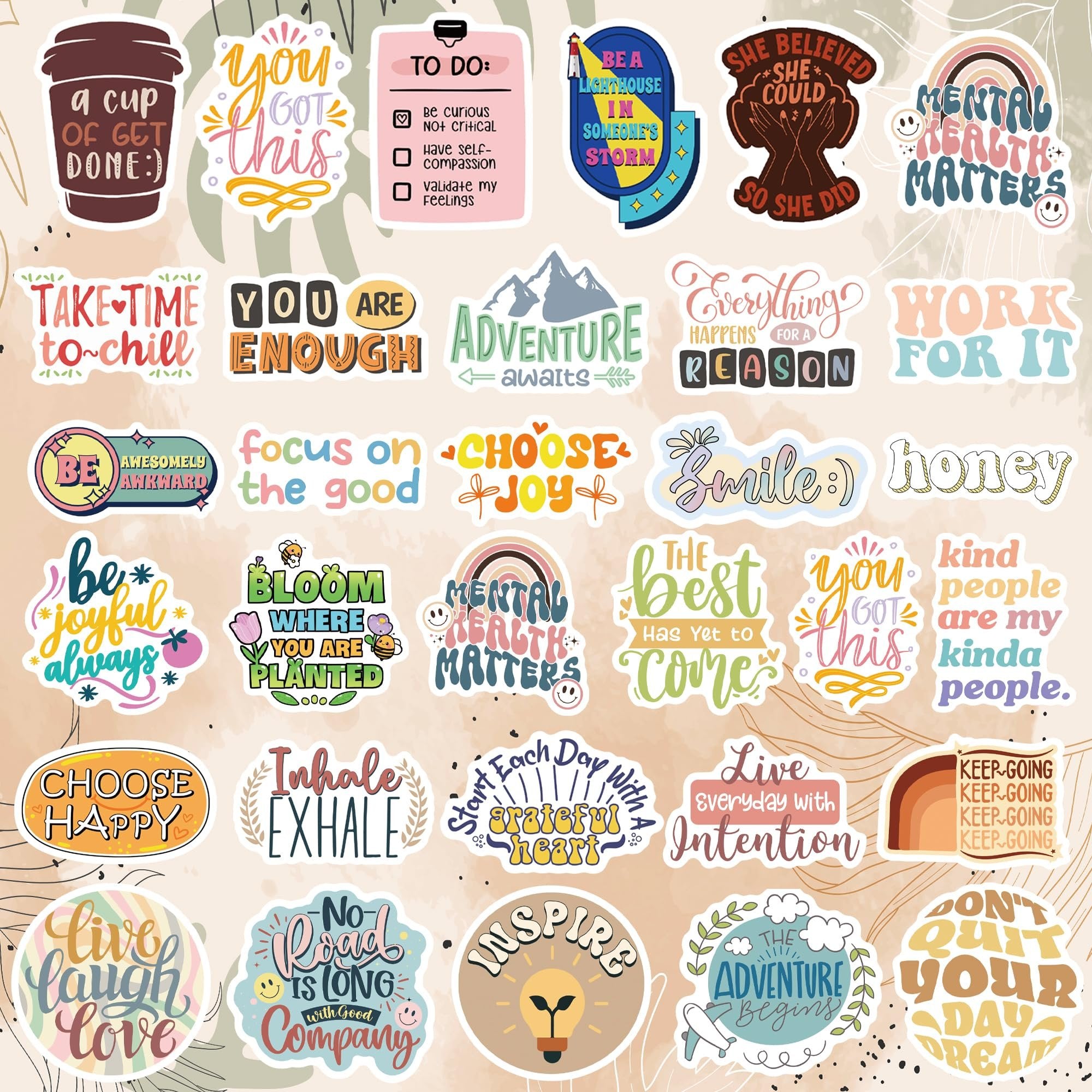 Collage of 30+ motivational vinyl stickers with inspirational quotes and boho designs.