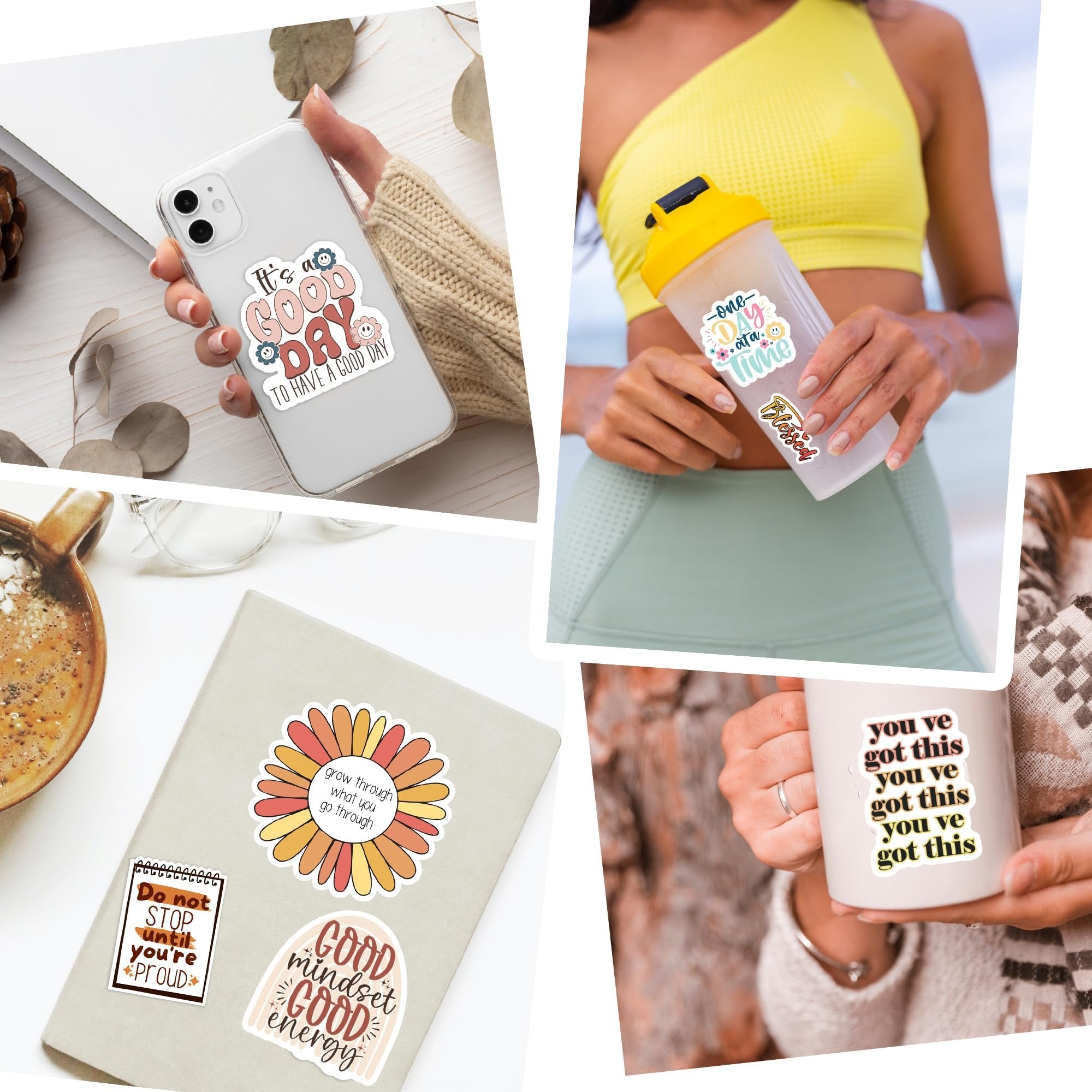 Collage of motivational vinyl stickers applied to various items: phone, water bottle, journal, and mug.