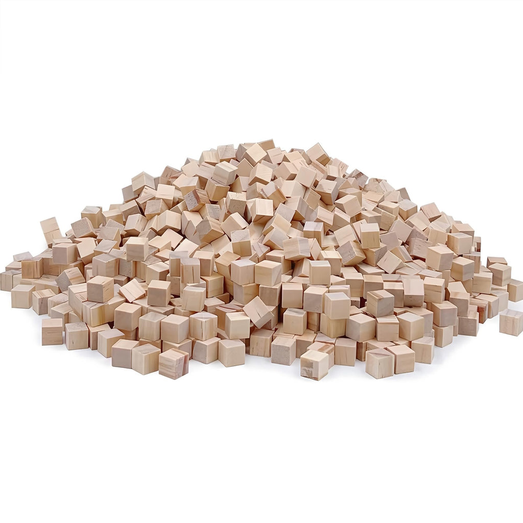 Pile of 1cm natural pine wood cubes for crafts and DIY projects, shown from a slightly elevated angle on a white background.