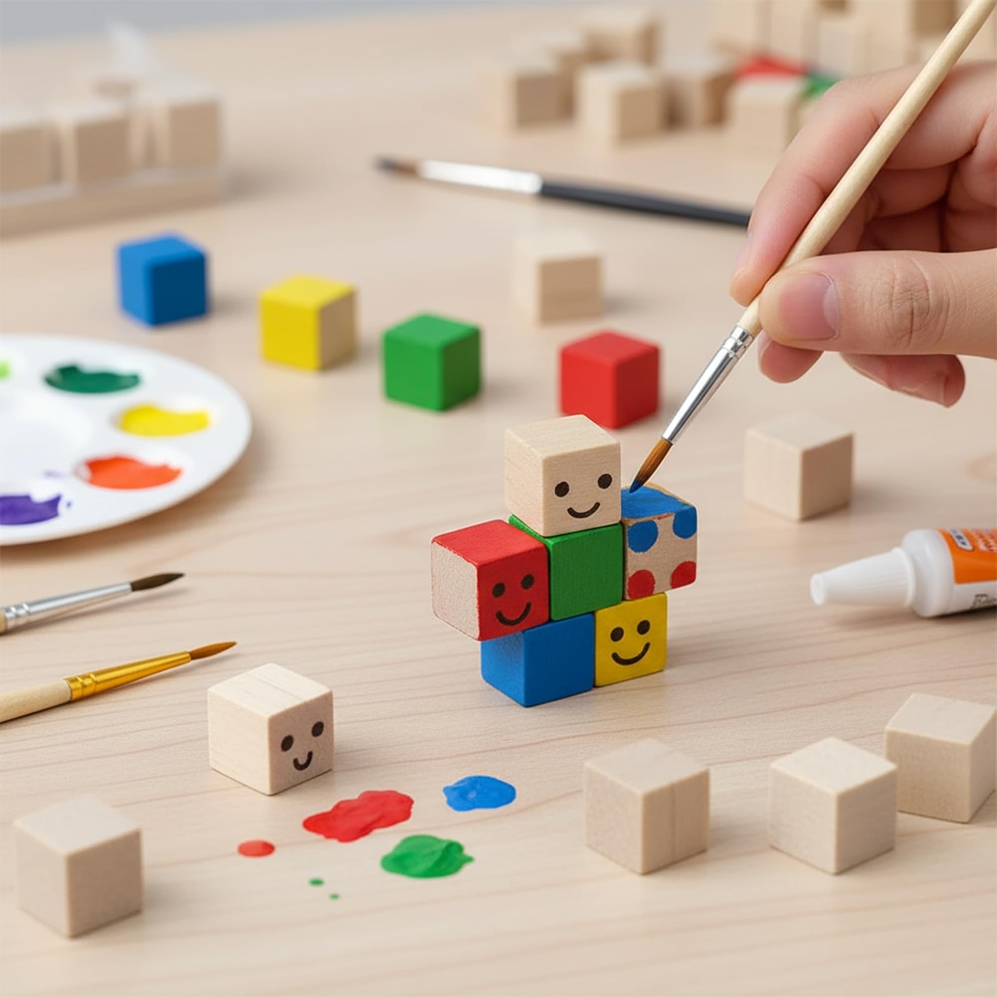 Hand painting a smiley face on a wooden cube with a paintbrush, surrounded by colorful cubes and art supplies.