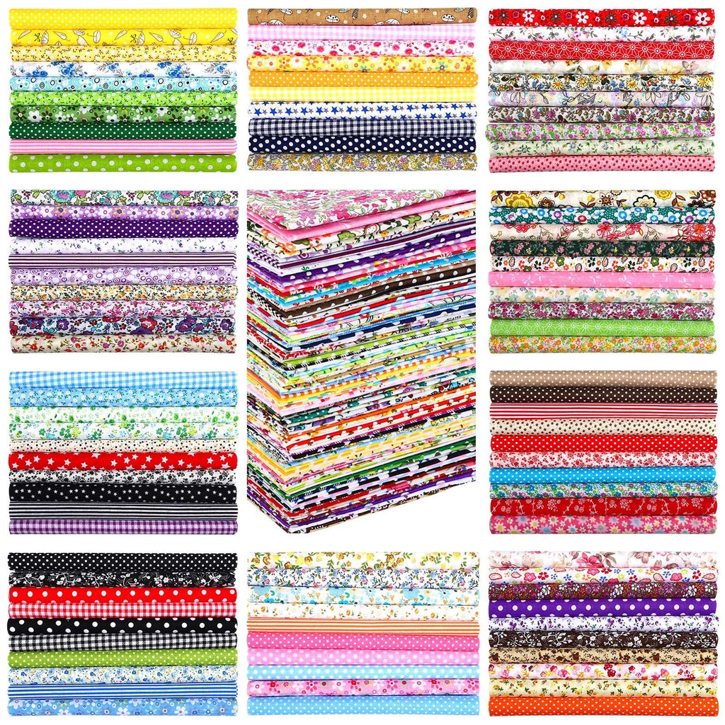 Stacks of colorful fabric squares with various patterns including floral, polka dots, gingham, and stars.