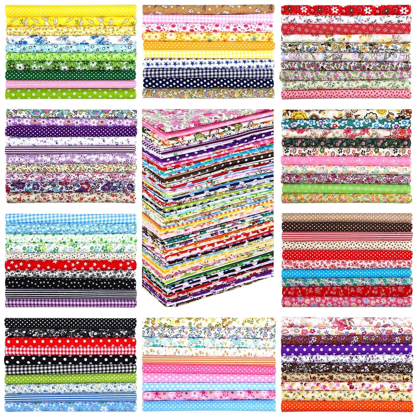 Stacks of colorful fabric squares with various patterns including floral, polka dots, gingham, and stars.