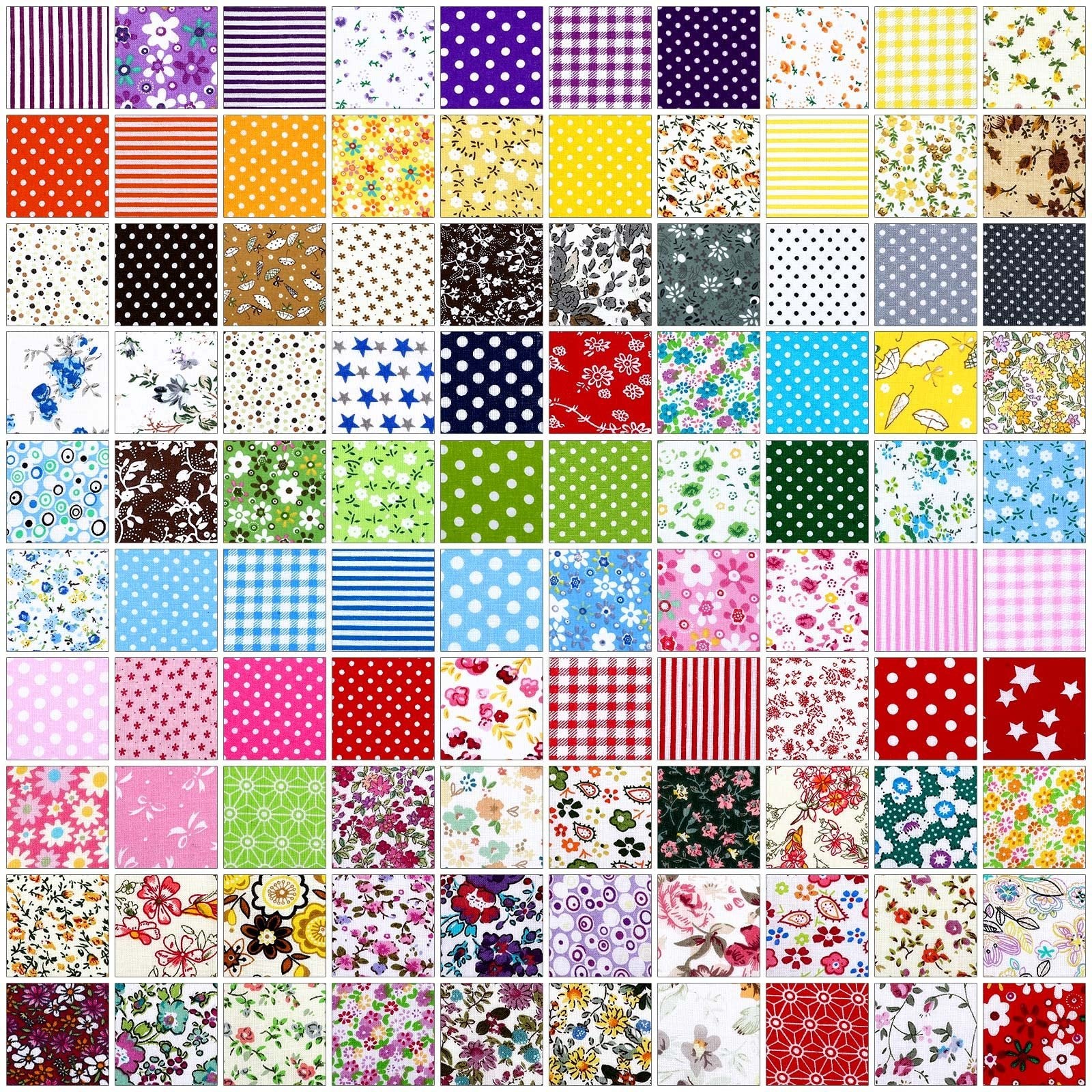 Collage of 300 fabric squares in various patterns and colors, including polka dots, stripes, floral prints, and gingham.