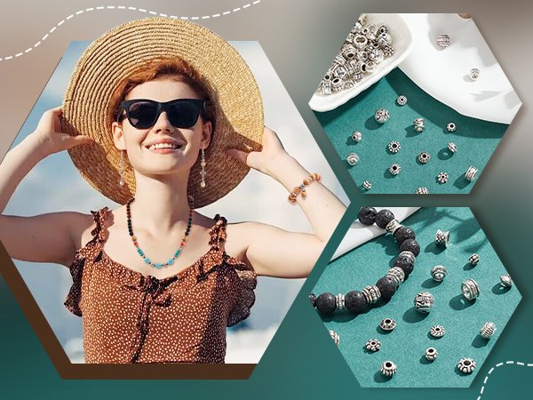 Woman wearing a straw hat and sunglasses, modeling jewelry made with antique silver metal spacer beads.