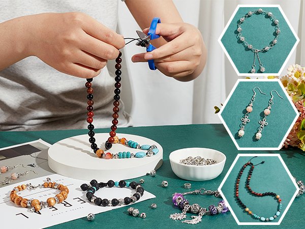 Hands crafting jewelry with beads, showing finished bracelets, earrings, and necklaces.