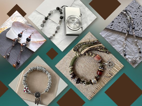 Collage of various handmade jewelry pieces including earrings, necklaces, and bracelets, with a camera.