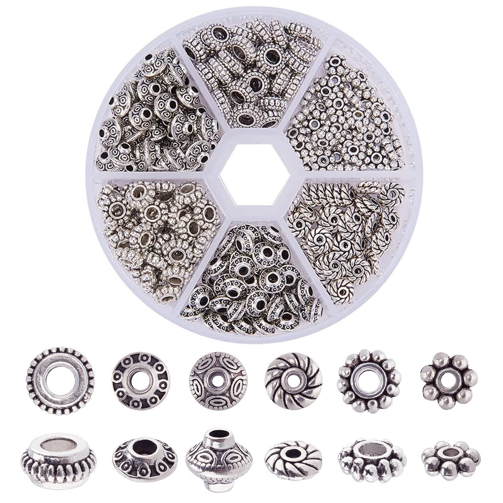 Set of antique silver metal spacer beads in a divided plastic container, with individual bead examples shown below.