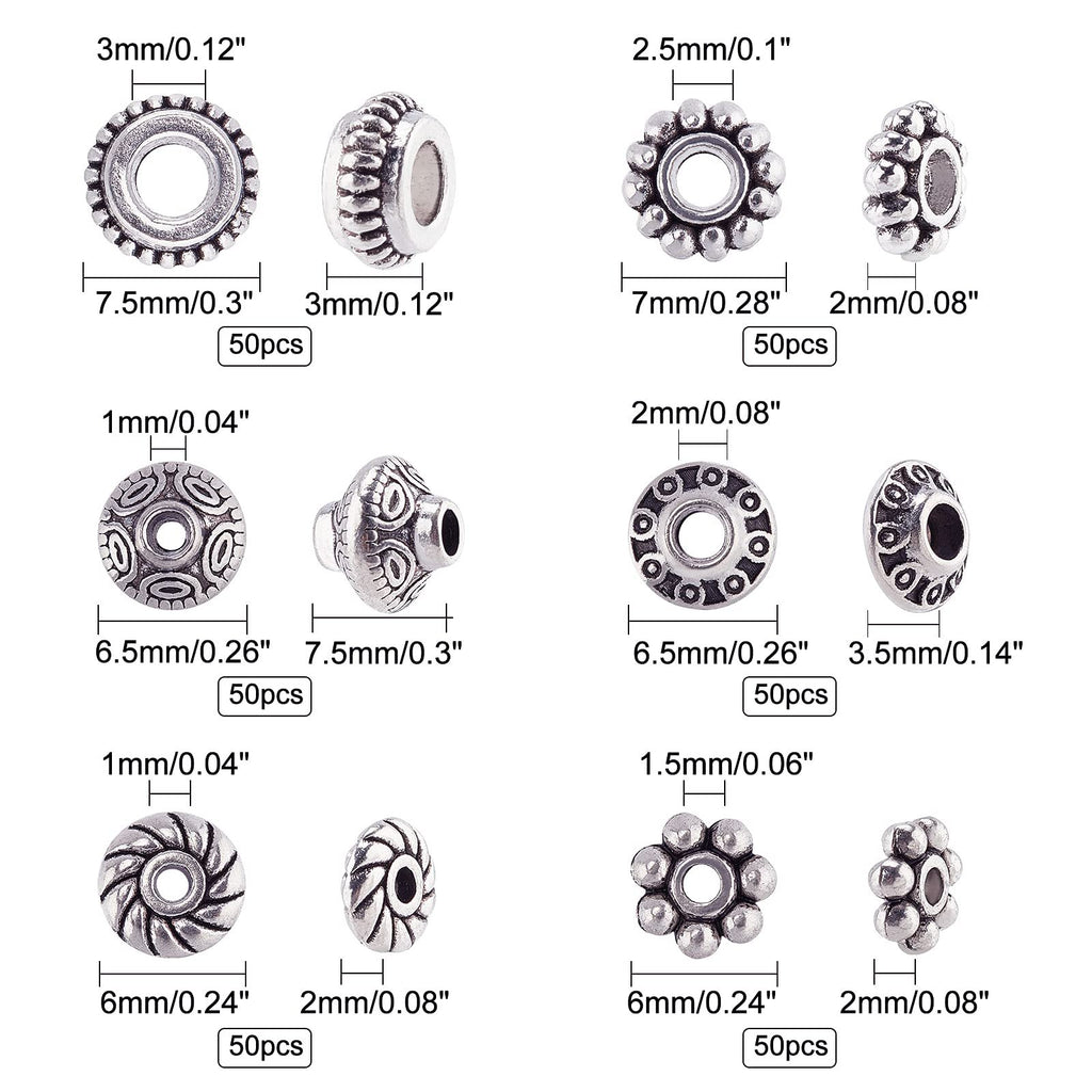 Six styles of antique silver metal spacer beads shown from multiple angles with dimensions and quantity labels.