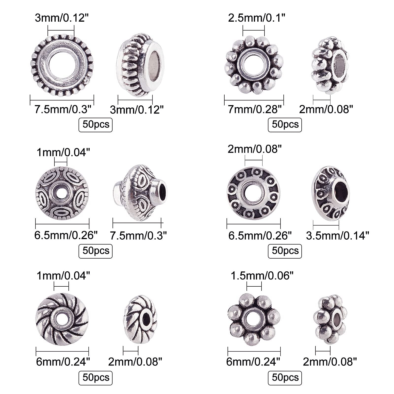 Six styles of antique silver metal spacer beads shown from multiple angles with dimensions and quantity labels.