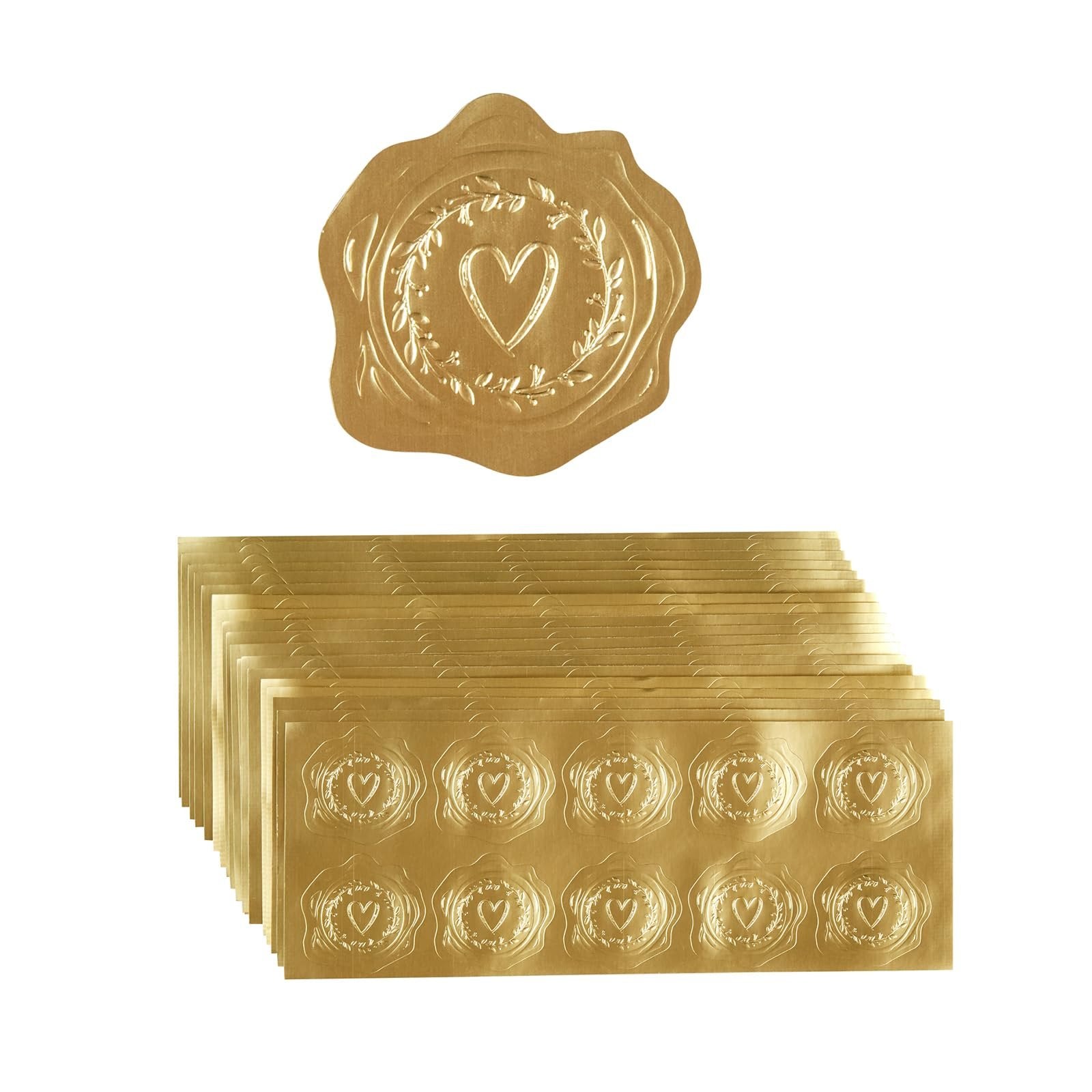 Gold foil heart seal stickers, one loose and a stack of sheets, on a white background.