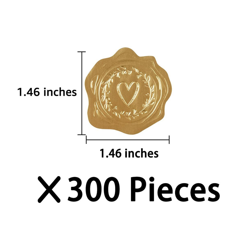 Gold foil heart sticker with wreath design, showing dimensions 1.46 inches and quantity 300 pieces.