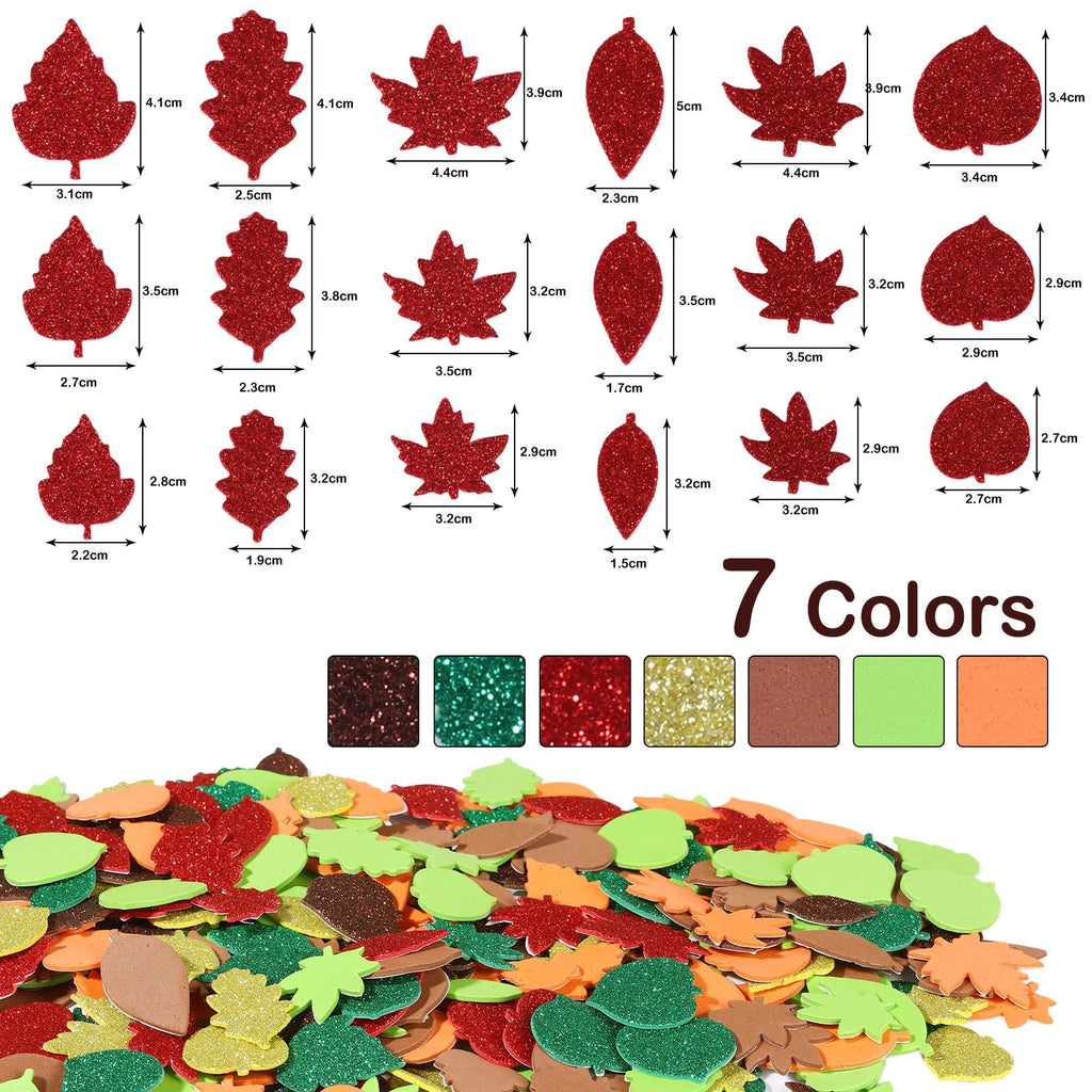 Assortment of self-adhesive glitter foam leaf stickers in various fall colors and sizes, with dimensions shown for some.