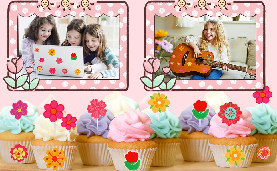 Children decorating a laptop and a guitar with flower stickers, and cupcakes topped with flower decorations.